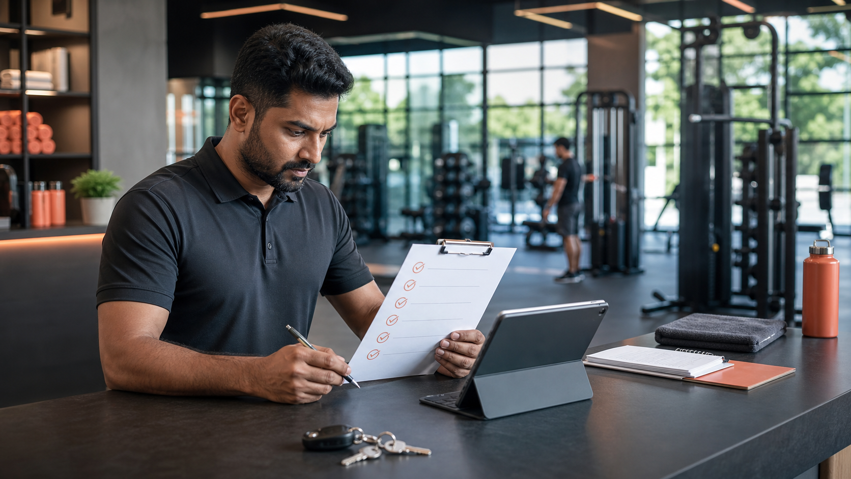 Gym owner reviewing a daily operations checklist and tablet