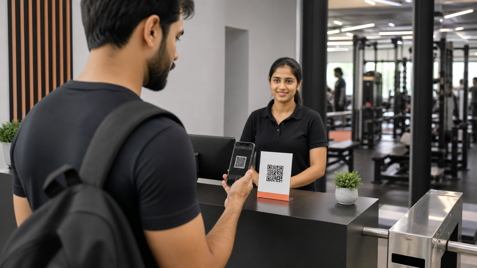 Gym member using QR attendance at the front desk