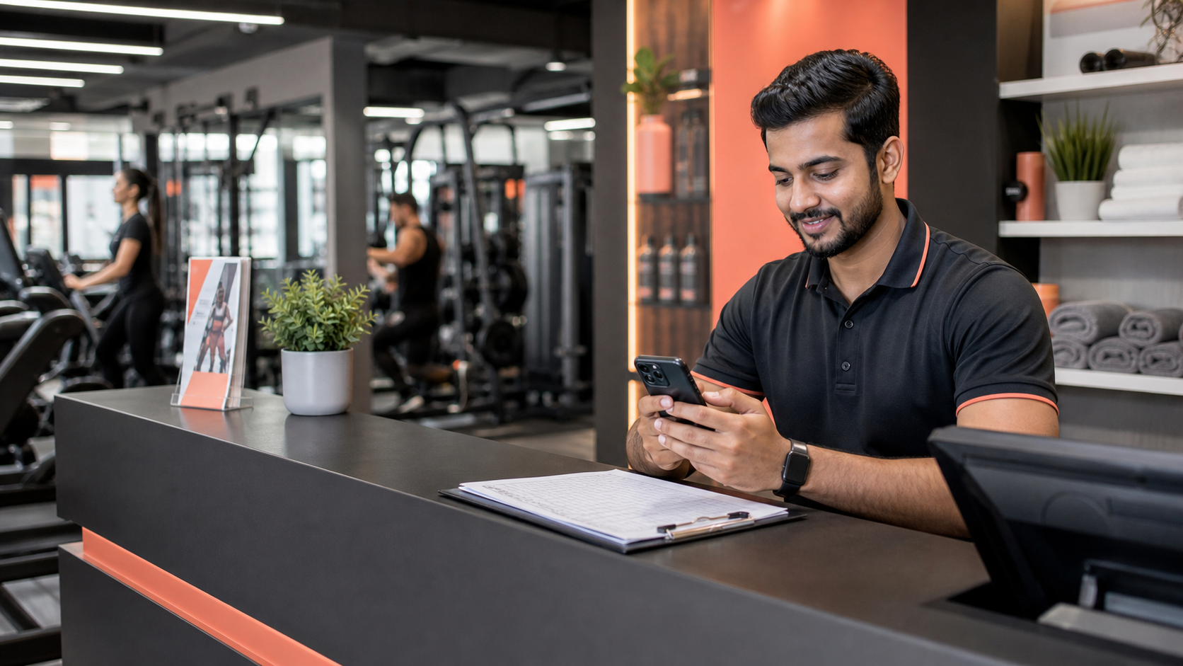 Gym manager sending a membership renewal reminder from the front desk